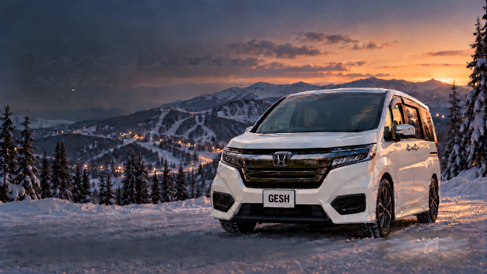 Белый Honda Stepwagon на фоне заснеженных гор Шерегеша